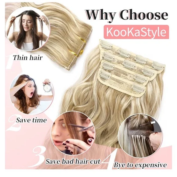 Beach Blonde Hair Extension Clip in Synthetic Highlight Long Wavy 4PCS Thick 20” - Picture 5 of 10